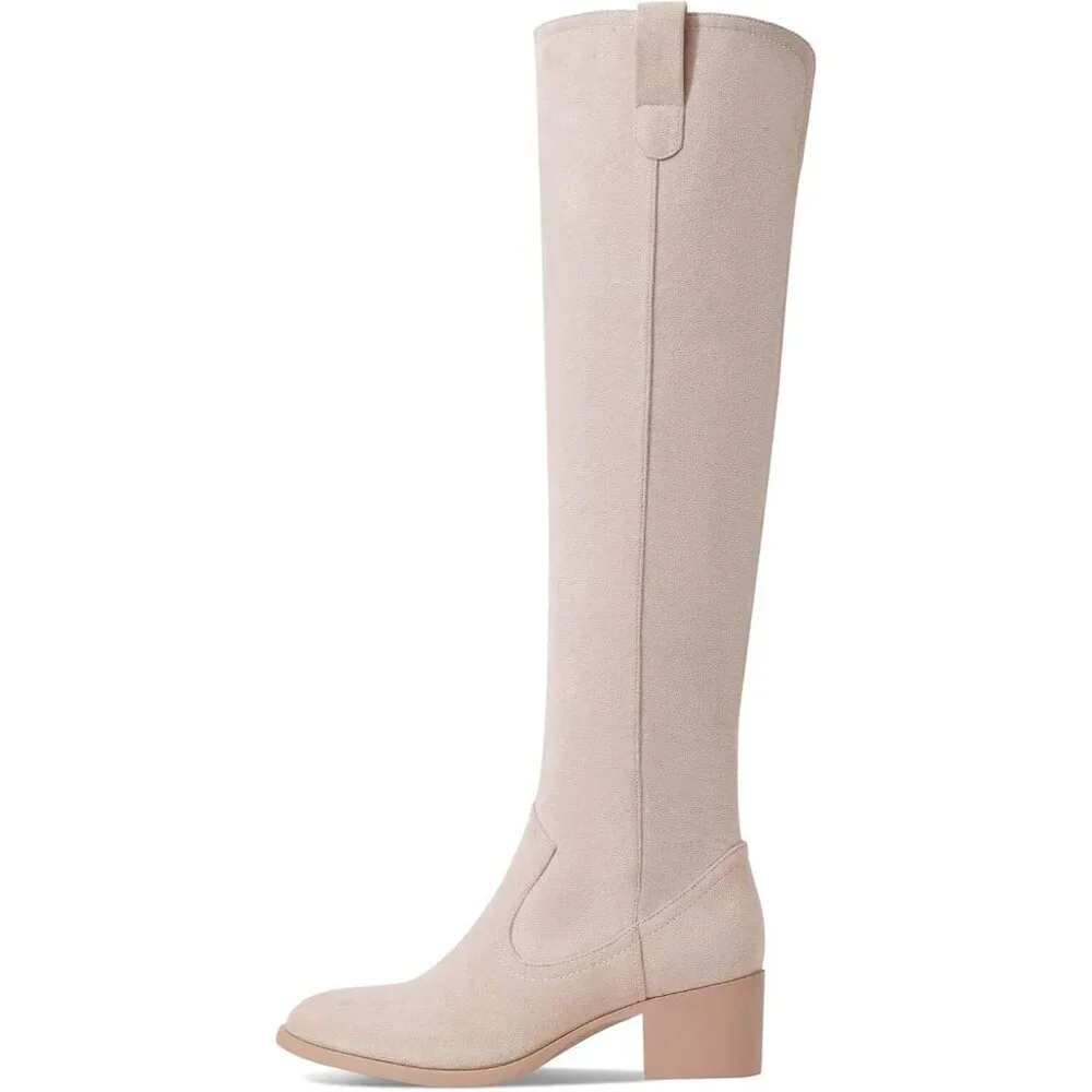 🆕Women's Beige Faux Suede Over The Knee Thigh High Chunky Heel Pointed Toe Boot